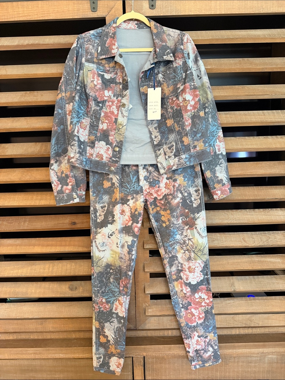 Tempo Paris Floral Denim Jacket and Jeans Set - Blue, Pink, Tan